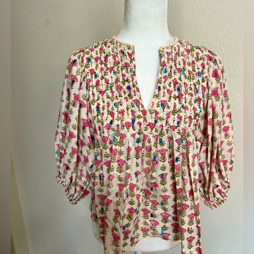SAYLOR Cream Floral Smocked Peasant Blouse with Pink & Blue Accents